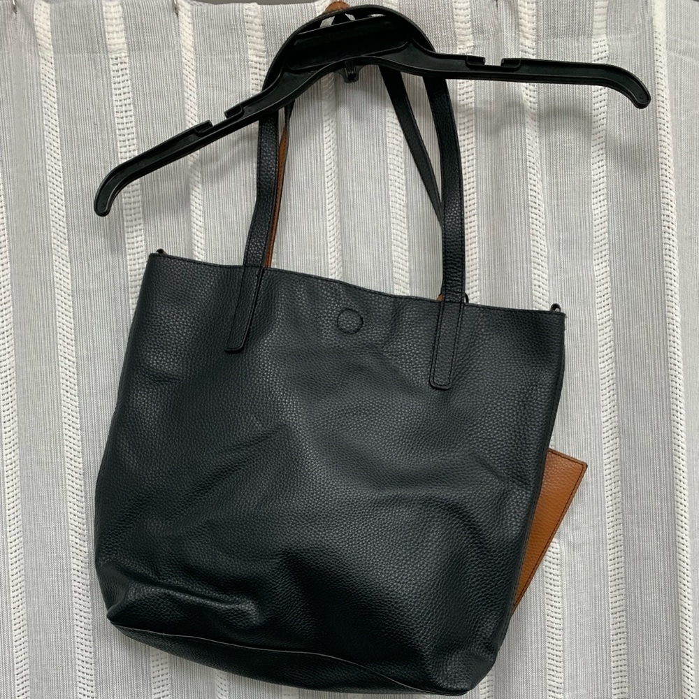 Black and Brown Tote with Attached Mini Bag Faux Leather‎ EUC - Picture 3 of 12